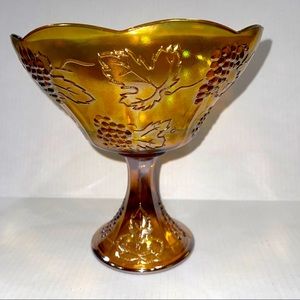 Vintage Indiana Glass Harvest Grapes Amber Marigold Carnival Glass pedestal Bowl